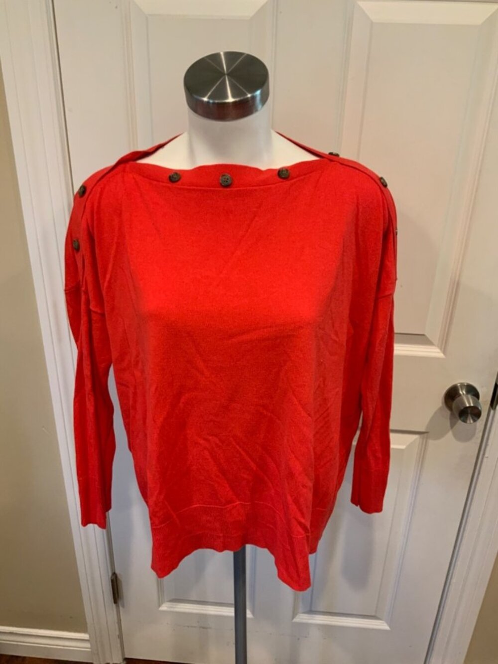 J. Crew Red Thin Knit Button Boat Neck Sweater, Size S/M